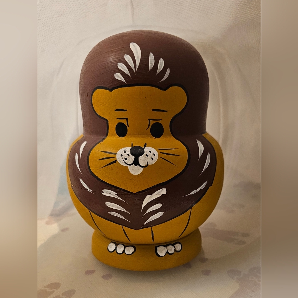 Handcrafted Lion Matryoshka Doll - Brown and Yellow